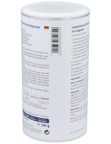 Magnesio Citrato polvo, bote 340g de Raab Vitalfood