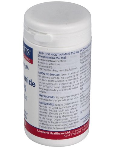Nicotinamida 250 mg (Vitamina B3) 100 Tabs. de Lamberts