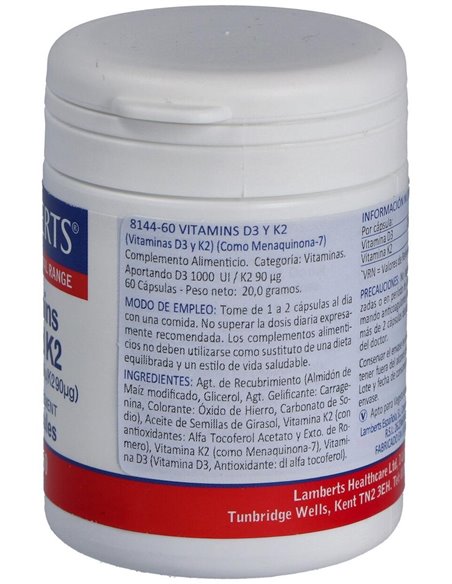 Vitamina D3 (1000 UI) + K2 (como MK-7) (90 µg) 60 Caps. de Lamberts