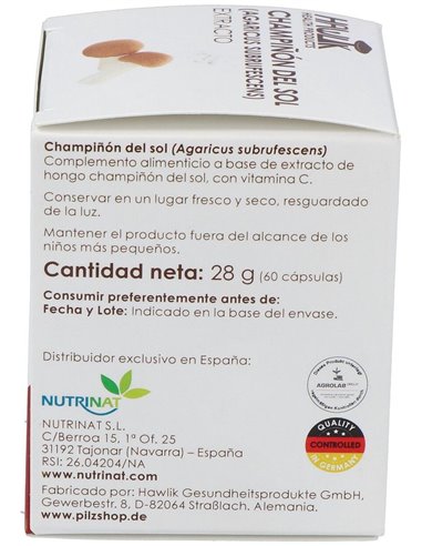 Champiñón Del Sol (Agaricus Subrufescens). Extracto Puro. Bio 60 Vcáps de Hawlik
