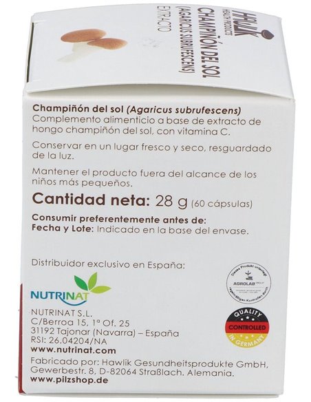 Champiñón Del Sol (Agaricus Subrufescens). Extracto Puro. Bio 60 Vcáps de Hawlik