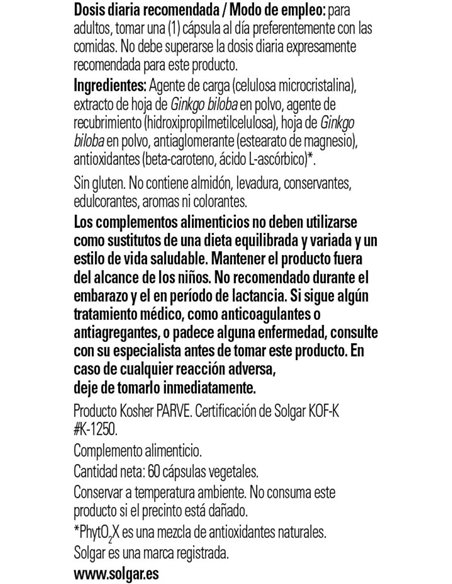 Ginkgo Biloba  60 cápsulas vegetales Solgar