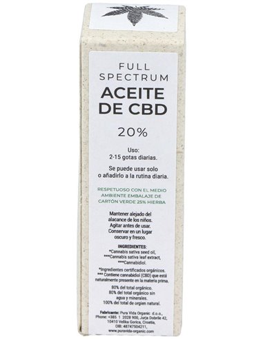 Cbd Oil Full Spectrum 20% 2000Mg. 10Ml. de Puravida Organic
