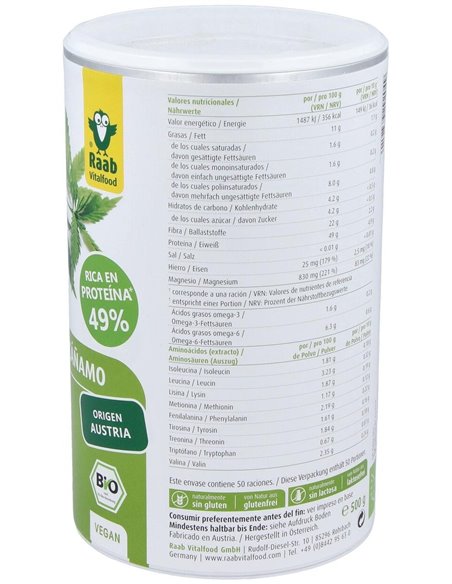 Proteína de cáñamo bio en polvo, 500g RF de Raab Vitalfood