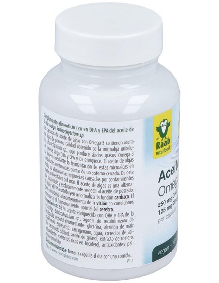 Aceite de alga Omega 3 vegetal, cápsulas 1183 mg, bote 30ud de Raab Vitalfood
