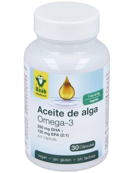 Aceite de alga Omega 3 vegetal, cápsulas 1183 mg, bote 30ud de Raab Vitalfood