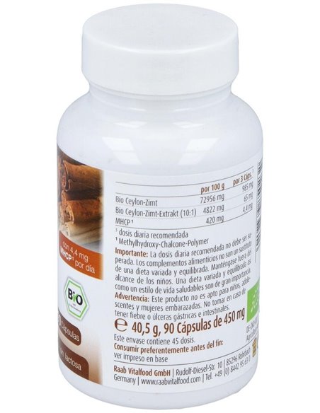 Canela Ceilán extracto, cápsulas 450mg, bote 90ud de Raab Vitalfood