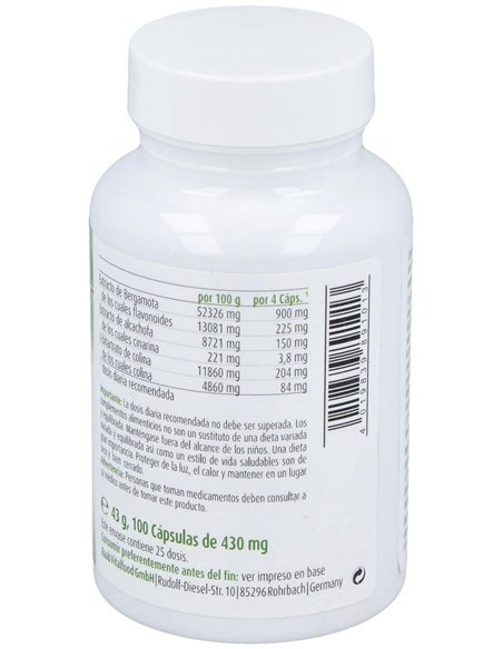Bergamota y Alcachofa cápsulas 430mg, bote 100ud de Raab Vitalfood