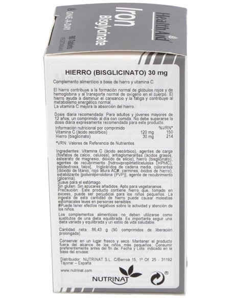 Hierro Bisglycinate Iron+Vit.C 90Comp. Health Aid de Health Aid