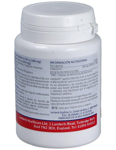 Vitamina E Natural 250 UI 100 Caps. de Lamberts