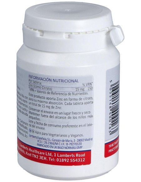 Zinc 15 mg (Como citrato) 90 Tabs. de Lamberts