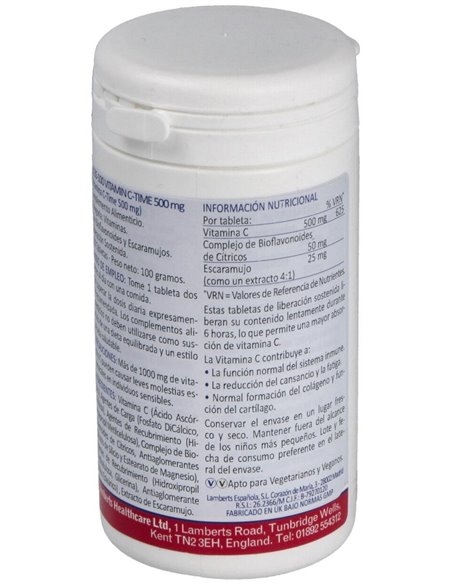 Vitamina C 500 mg + Bioflavonoides Time Release 100 Tabs. de Lamberts