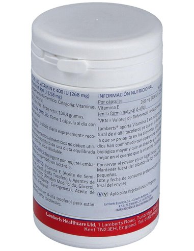 Vitamina E Natural 400 UI 180 Caps. de Lamberts