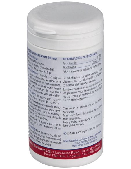 Riboflavina 50 mg (Vitamina B2) 100 Caps. de Lamberts