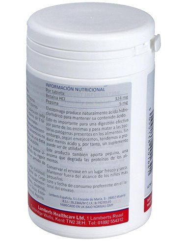 Betaína HCl 324 mg y Pepsina 5 mg de Lamberts