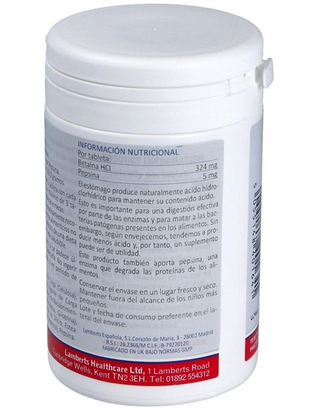 Betaína HCl 324 mg y Pepsina 5 mg de Lamberts