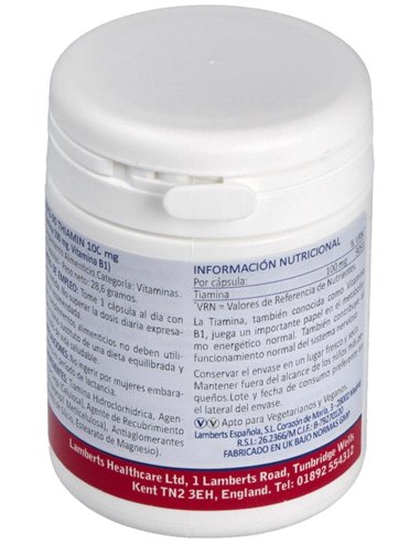 Tiamina 100 mg (Vitamina B1) 90 Caps de Lamberts