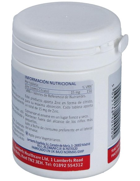Zinc 15 mg (Como citrato) 180 Tabs. de Lamberts