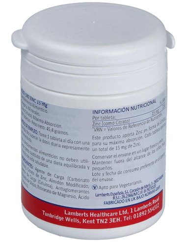 Zinc 15 mg (Como citrato) 180 Tabs. de Lamberts