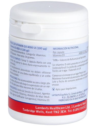 Vitamina D3 4000 UI (100 µg) 120 Caps. de Lamberts