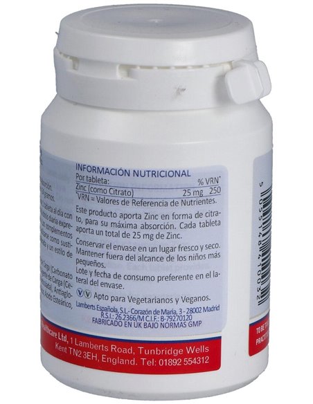 Zinc 25 mg (Como citrato) 120 Tabs. de Lamberts