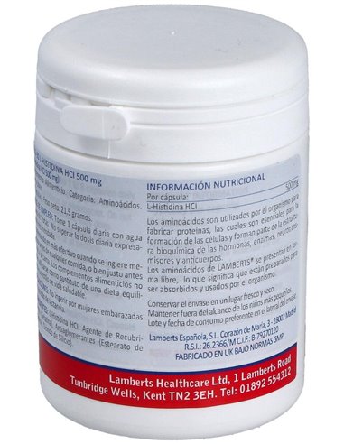 L-Histidina HCl 500 mg 30 Caps. de Lamberts
