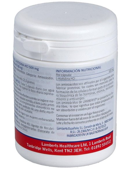 L-Histidina HCl 500 mg 30 Caps. de Lamberts