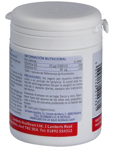 Vitamina D3 (1000 UI) + K2 (como MK-7) (90 µg) 60 Caps. de Lamberts