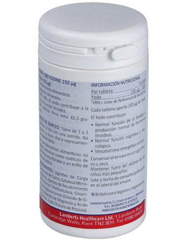Yodo 150 µg (Como yoduro de potasio) 180 Tabs. de Lamberts