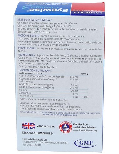 Eyewise® Omega 3 (Luteína, Zeaxantina. Vit D3) 60 Caps. de Lamberts