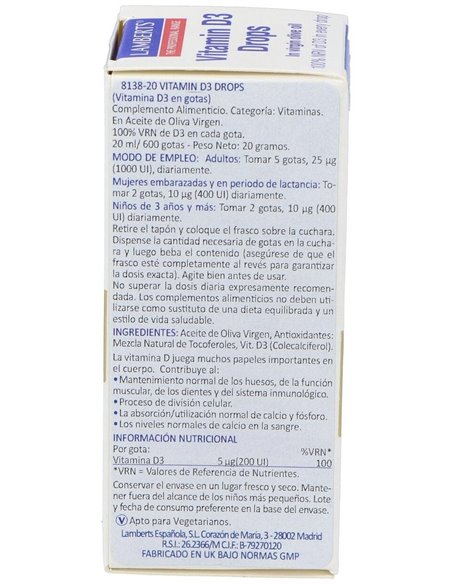 Vitamina D3 líquida 20 ml / 600 gotas 20 ml de Lamberts