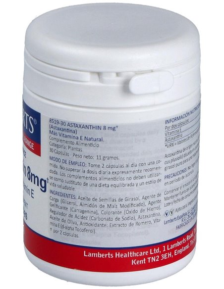 Astaxantina 8 mg con Vitamina E Natural 30 Caps. de Lamberts