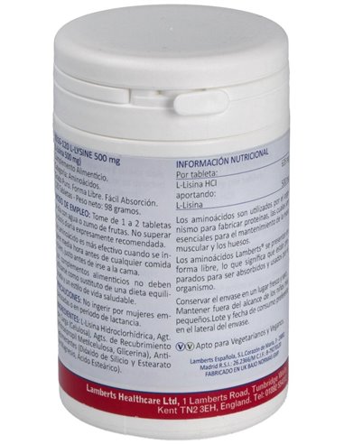 L-Lisina HCl 1000 mg 120 Tabs. de Lamberts