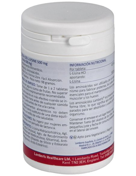 L-Lisina HCl 1000 mg 120 Tabs. de Lamberts