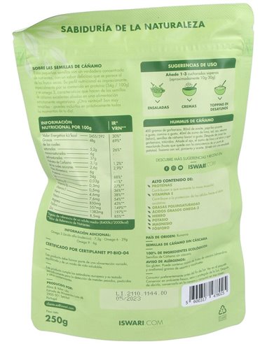 Semillas Cáñamo Sin Cascara Bio 250G Es 250G de Iswari