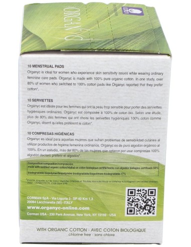 Compresas noche c/alas (bolsa ind) 100% algodón orgánico, 10ud de Organyc