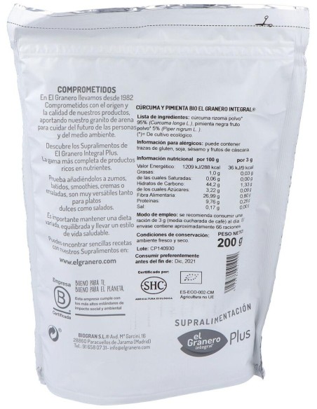Curcuma Y Pimienta Superalimento Bio 200Gr. de El Granero