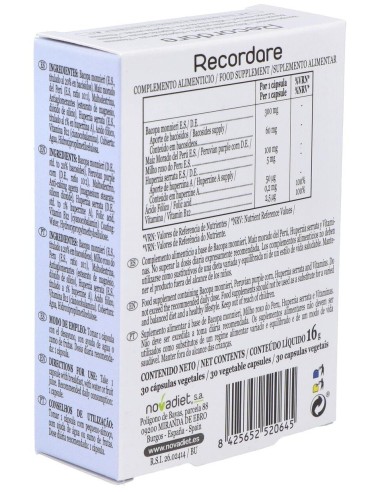 Recordare Envase de 30 cápsulas vegetales. de Novadiet