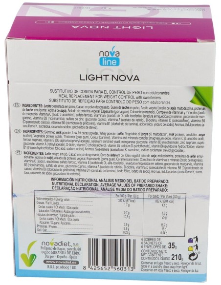 Light Nova Chocolate Envase de 6 sobres de 35 g. de Novadiet