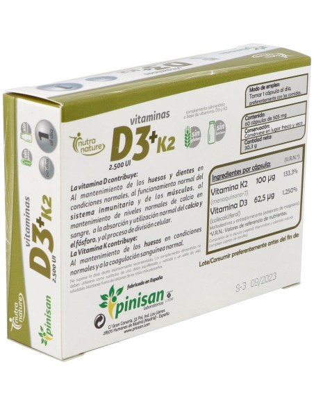 Vitamina D3+K2  2500ui 60Cap. de Pinisan