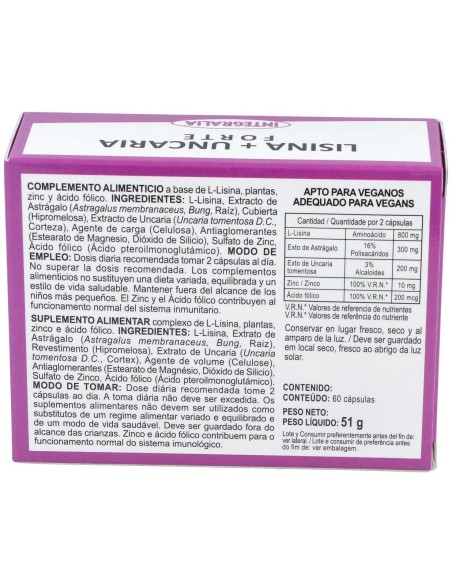 Lisina + Uncaria Forte 60Cap. de Integralia