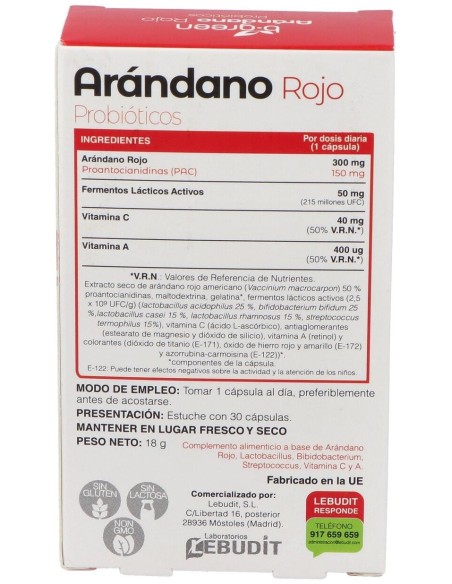Arandano Rojo + Probioticos 30 Cápsulas  B.Green (Lab. Lebudit)