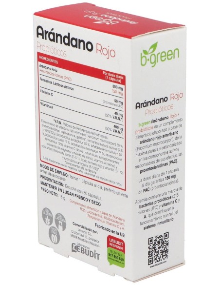 Arandano Rojo + Probioticos 30 Cápsulas  B.Green (Lab. Lebudit)