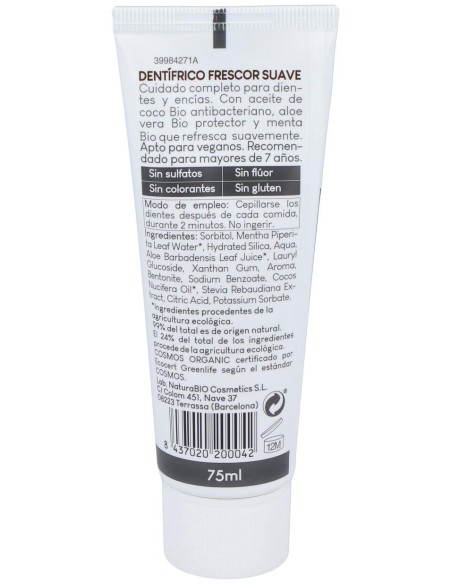 Dentifrico Frescor Suave Aloe-Coco 75Ml. Bio de Naturabio Cosmetics
