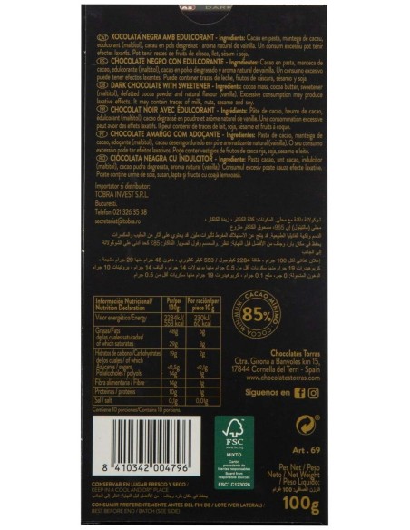 Chocolate Cacao 85% Zero 100Gr de Torras