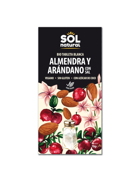 Pack 10 Uds. Tableta Chocolate Blanco Almendra-Arándano Bio 70 g  de Solnatural